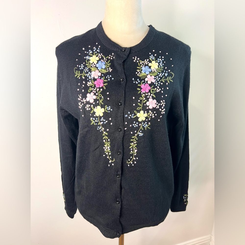 Bonnie And Bill Vintage Cardigan Sweater Floral Embroidered Black SZ L EUC